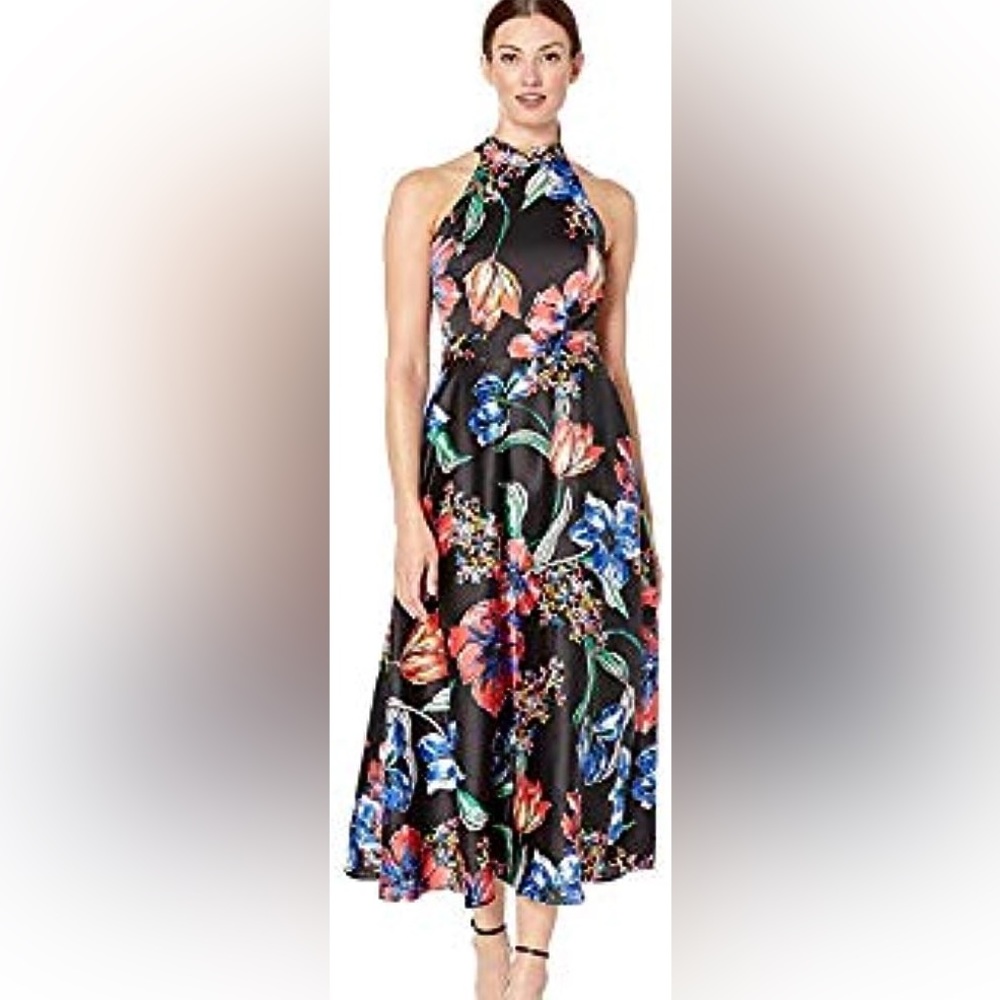 Tahari ASL Satin Floral Print Halter A-Line Midi